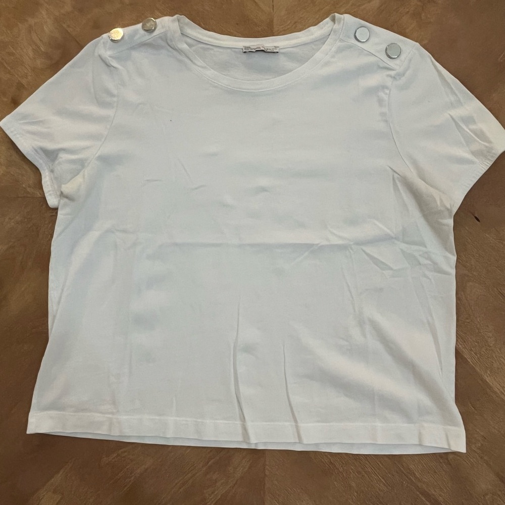 ZARA White Cropped Boxy Top with Button Detail | Size XL